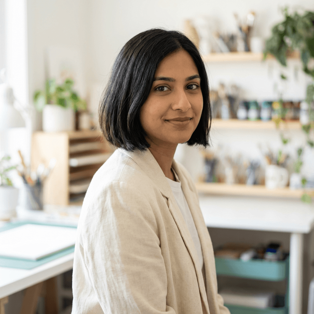 Amanda Reed, founder of a local creative studio, in a bright workspace