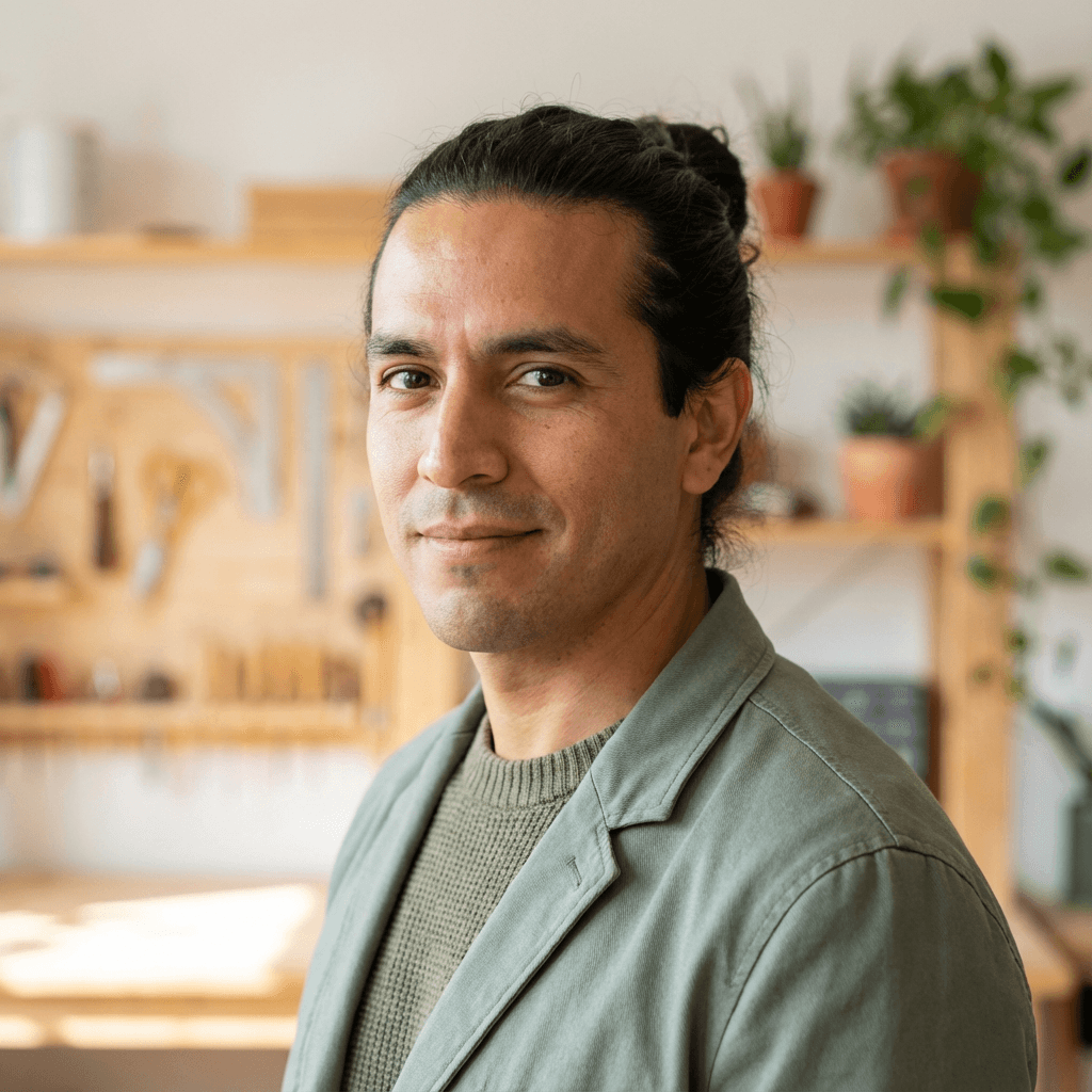 Male brand and digital designer in his late 20s, Hispanic, creative and focused appearance in a modern studio