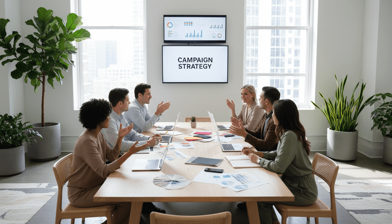 Marketing team working together in a bright, modern office