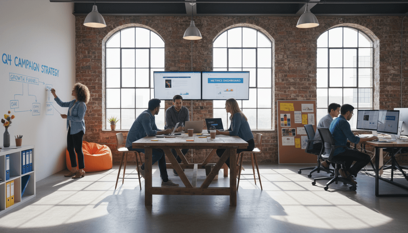 Modern creative team collaborating around a table in a bright loft office